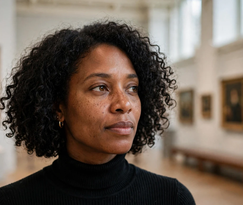 Black woman with a wash-and-go curly bob in a museum