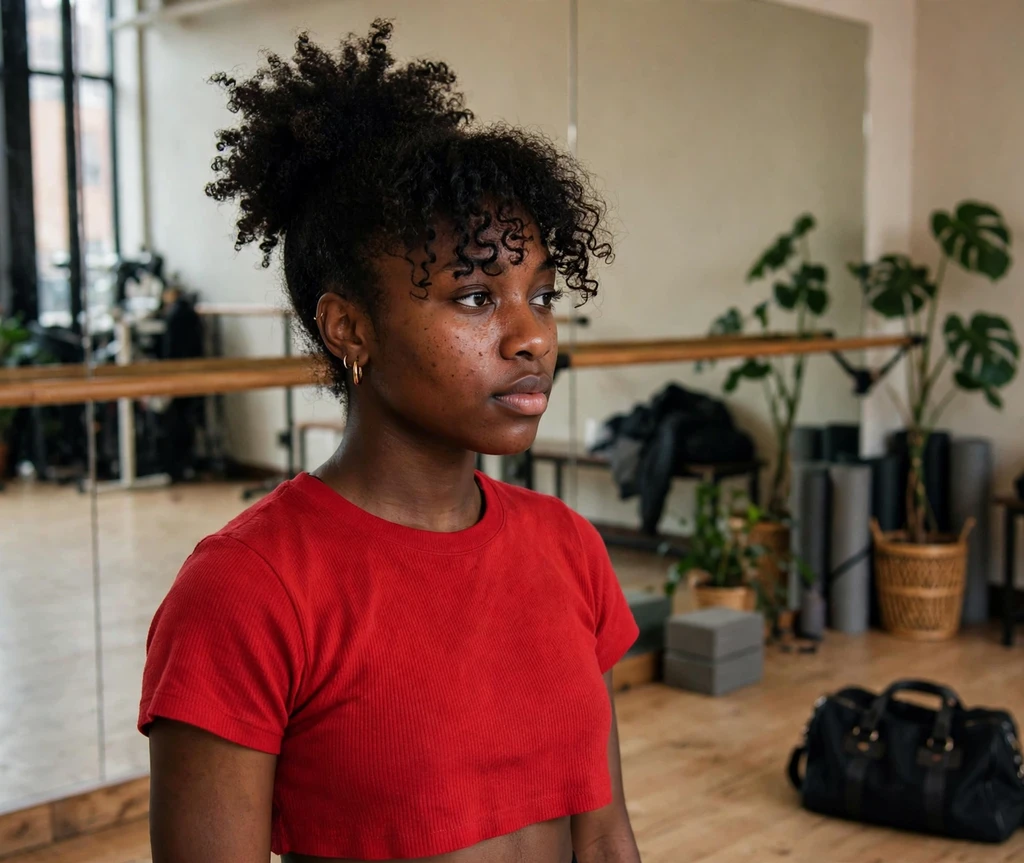 Black woman with a high puff and curly bangs in a dance studio