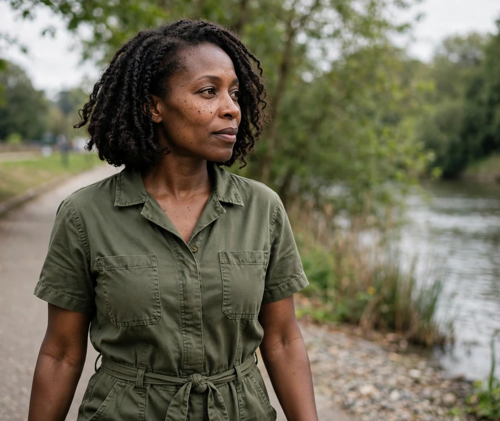 Black woman with a braid-out bob on a riverside walk