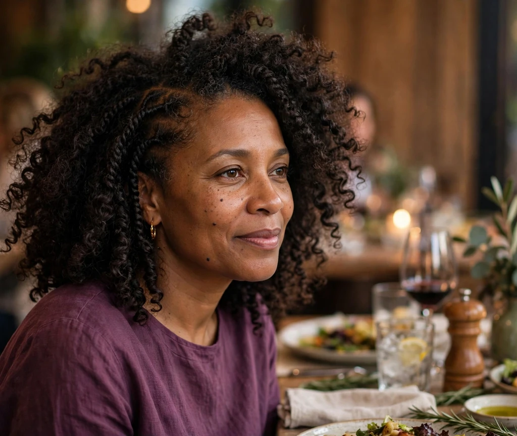 Black woman with flat twist-out curls at a dinner party