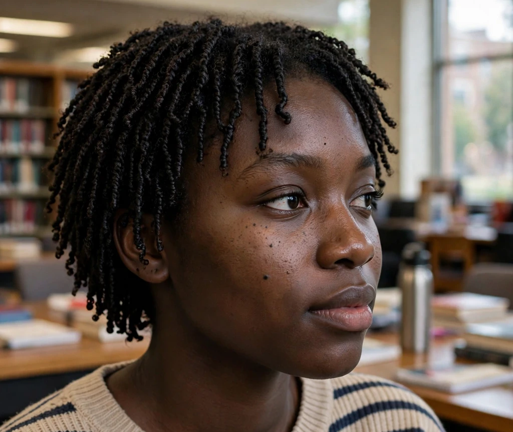 Black woman with mini twists in a university library