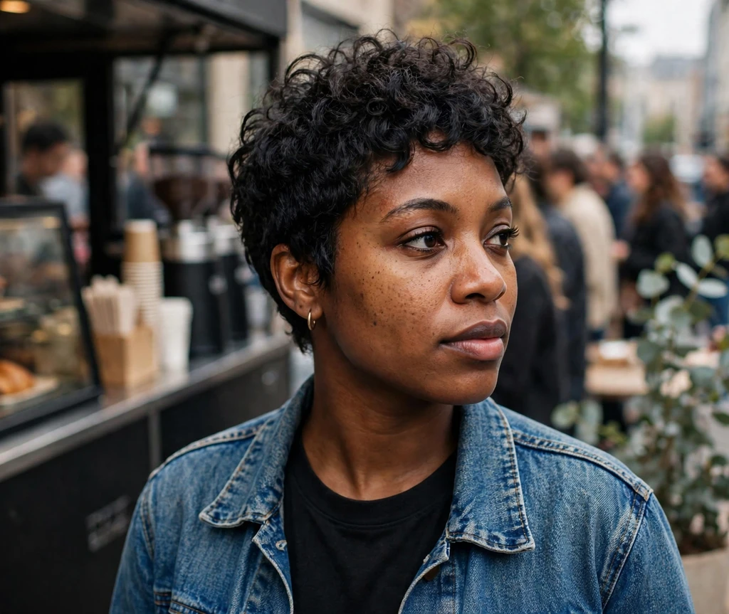 Black woman with a growing-out big chop at a coffee cart