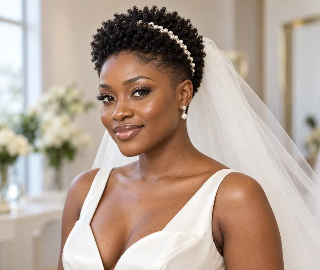 Natural Tapered Coils with a Pearl Headband and Tulle Veil