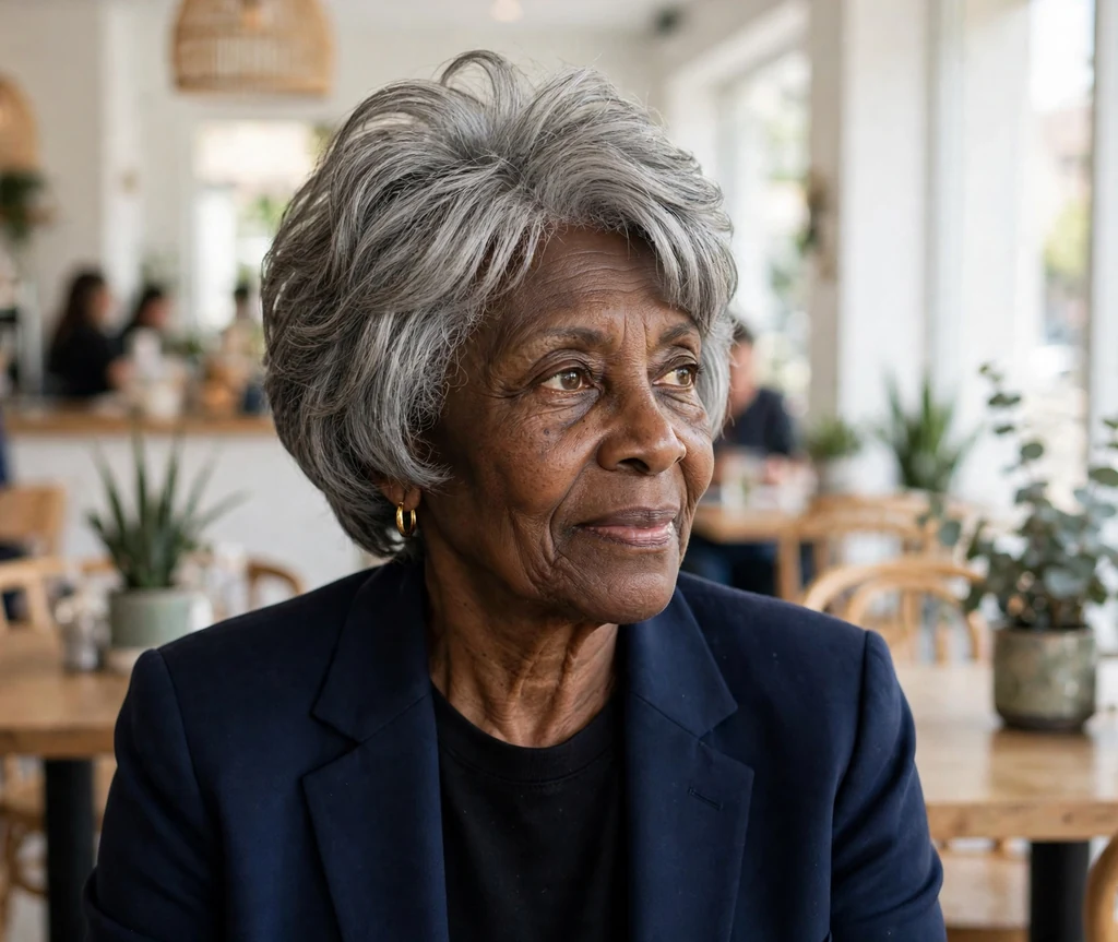 Black woman in her mid-sixties with a layered bob with full crown volume in a navy blazer at a cafe