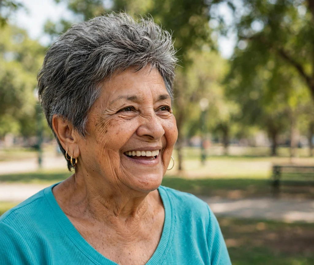 Latina woman in her early seventies with a textured pixie with lift at the roots in a park