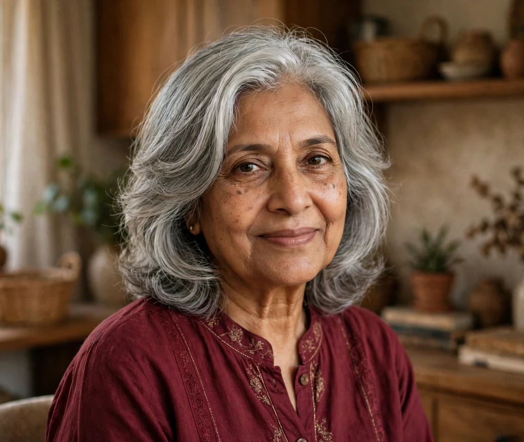 South Asian woman in her late sixties with a feathered lob with face-framing layers at home