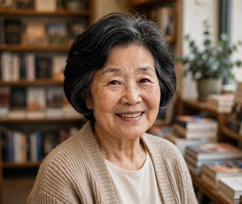 East Asian woman in her early seventies with a classic stacked bob in a beige cardigan in a bookstore