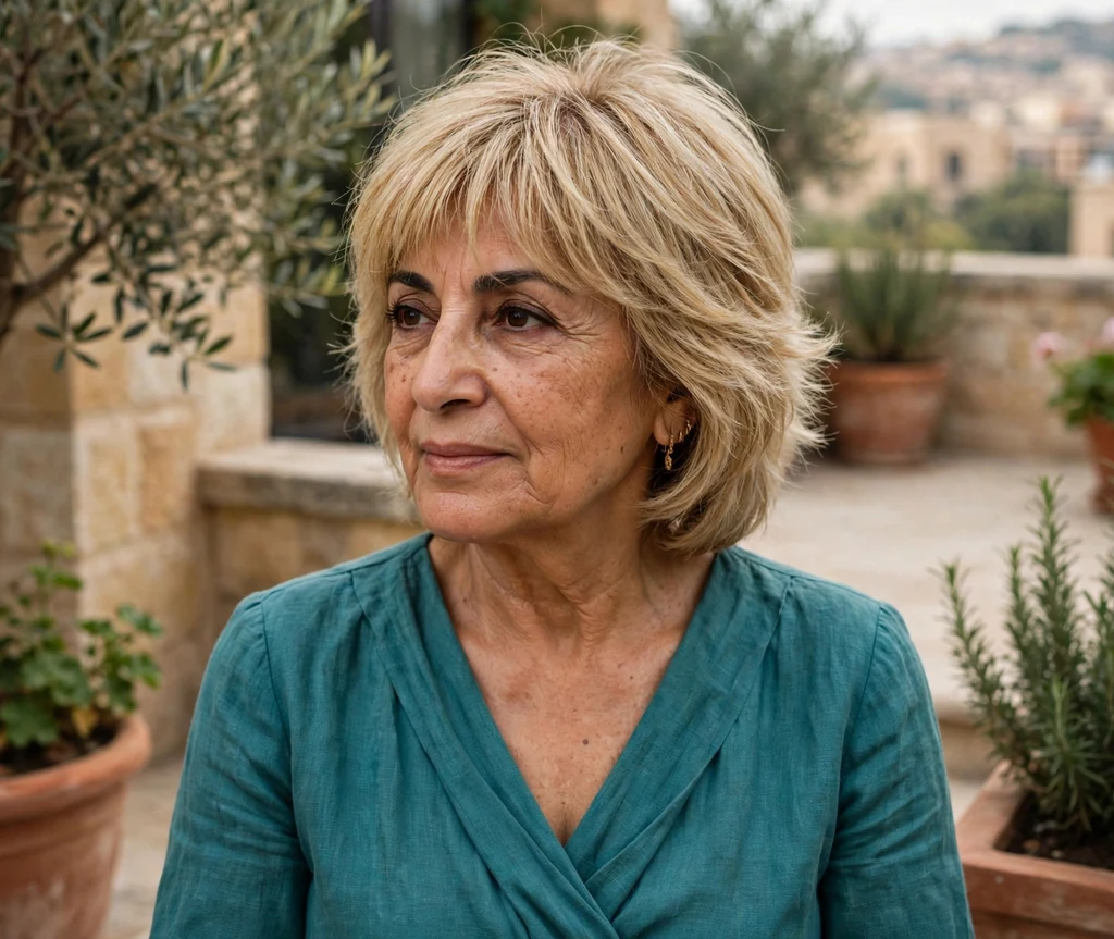 Middle Eastern woman in her mid-sixties with a soft shag with wispy bangs on a terrace