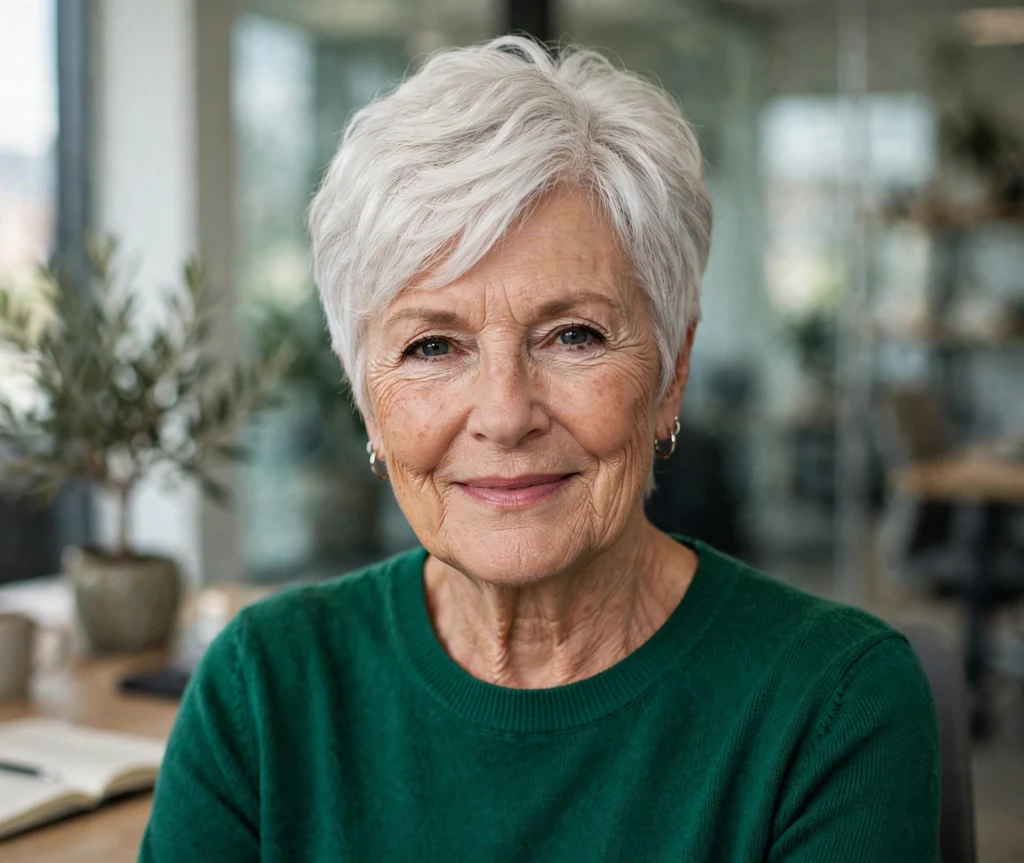 White woman in her late sixties with a white side-swept pixie bob in an office