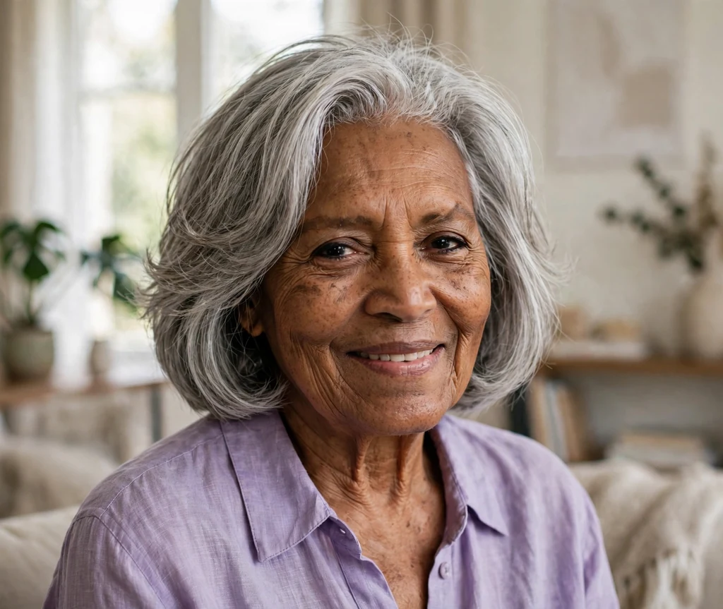 Black woman in her early seventies with a chin-length bob with subtle layers in a living room