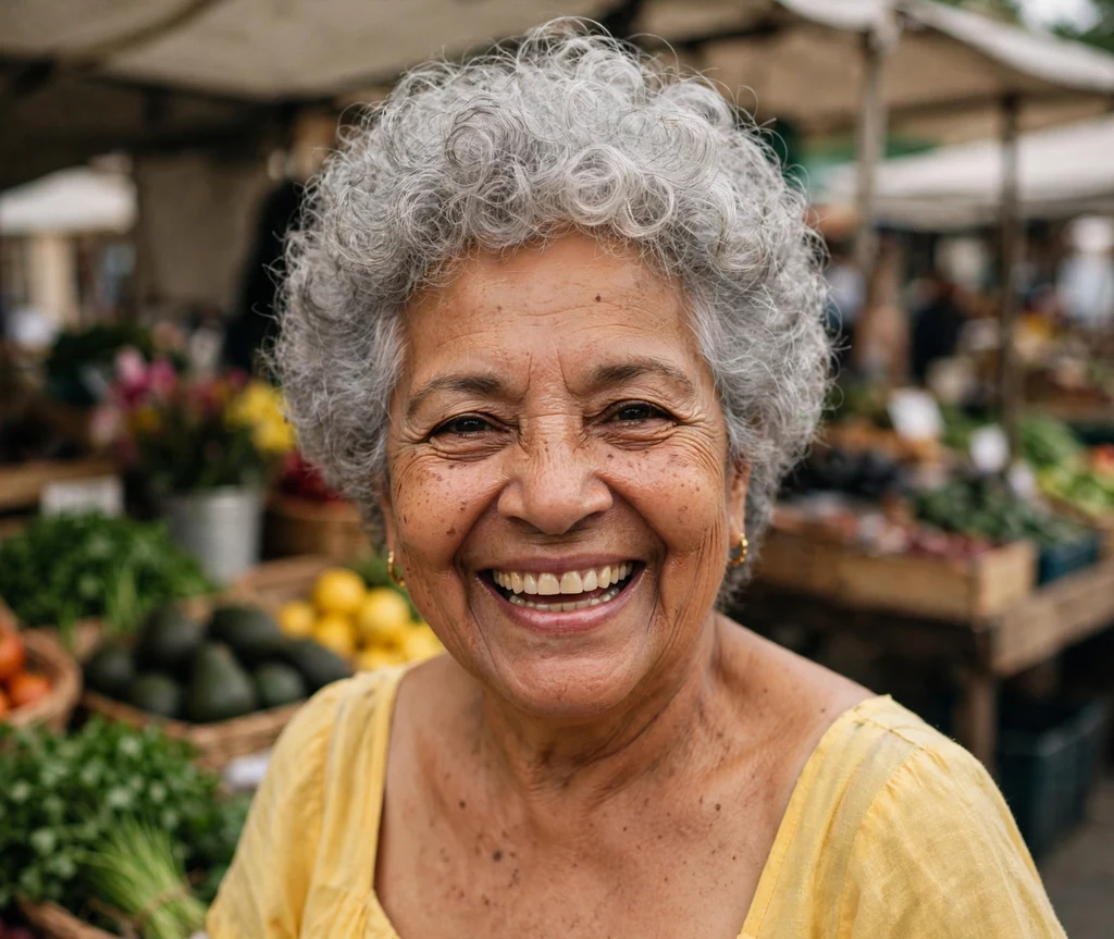Latina woman in her mid-sixties with a curly crop with volume on top at an outdoor market