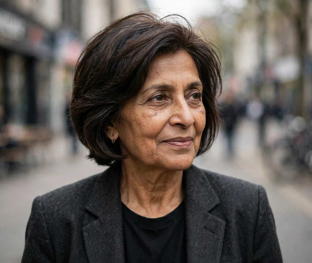 South Asian woman in her early sixties with an asymmetrical bob on a city street