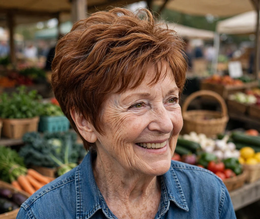White woman in her early seventies with an auburn tapered pixie with long crown layers at a farmer's market