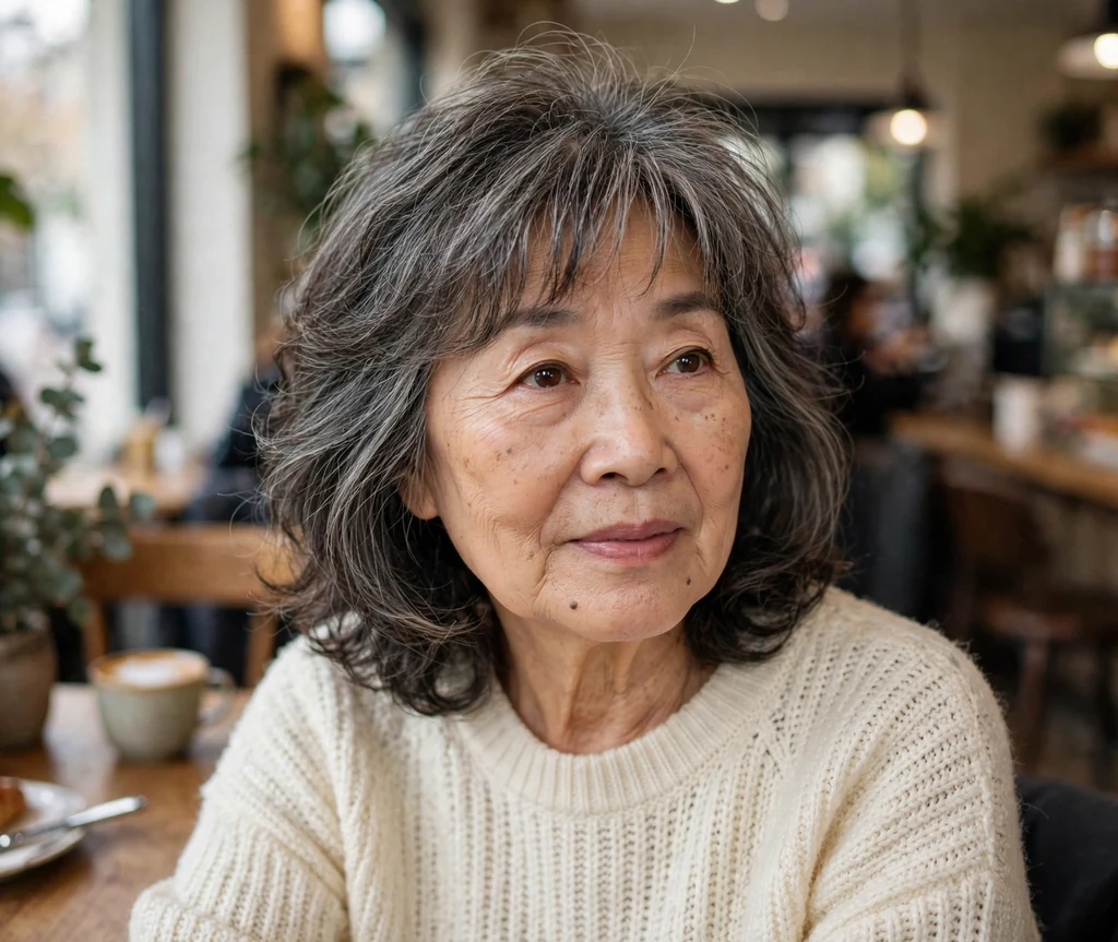 East Asian woman in her mid-sixties with a wispy lob with curtain bangs in a cafe