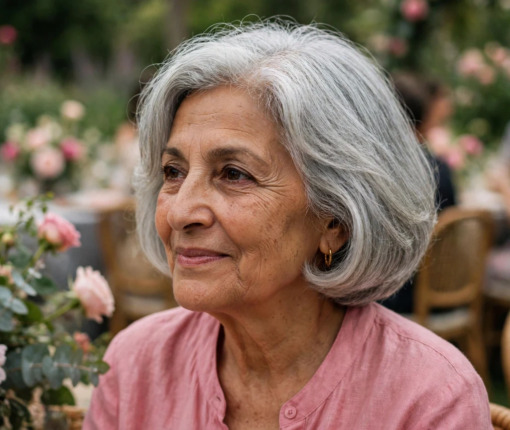Middle Eastern woman in her late sixties with a silver rounded bob with beveled ends at a garden party