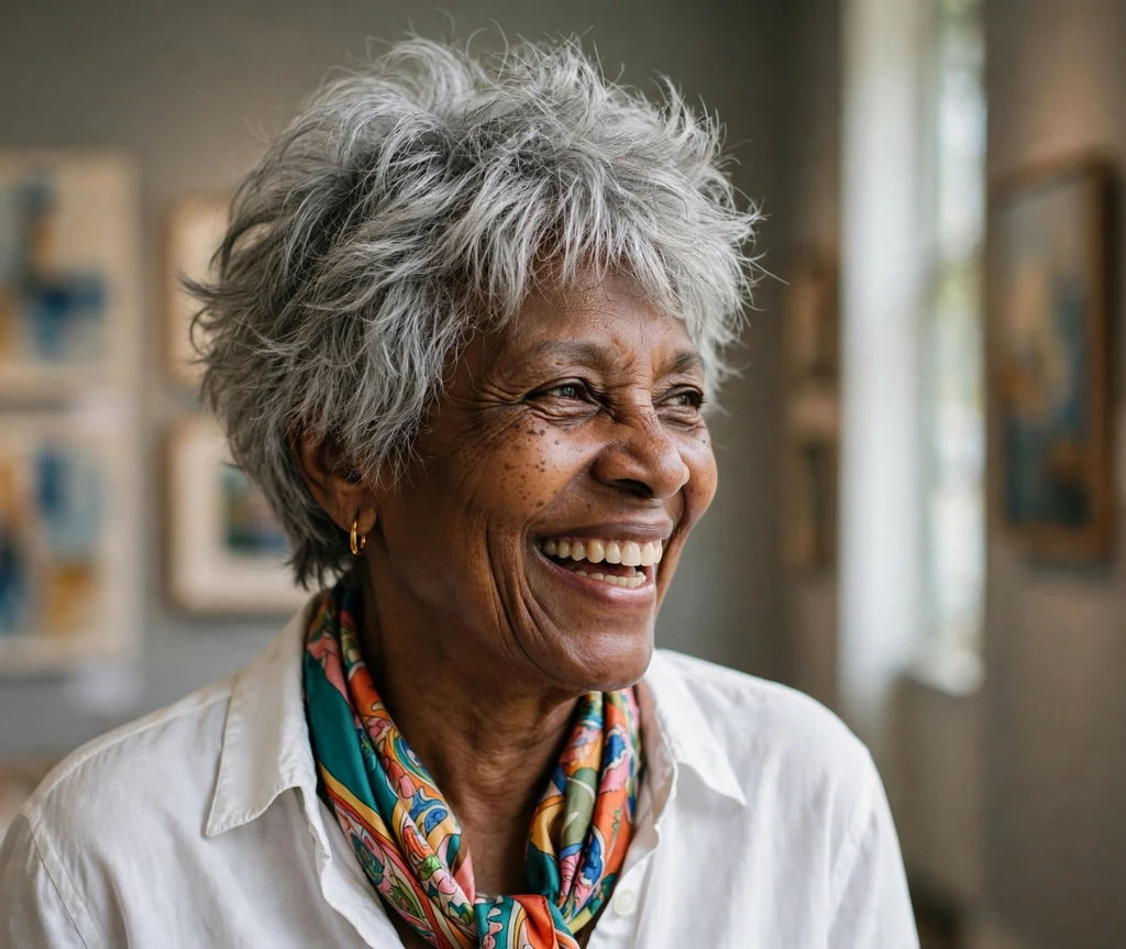 Black woman in her mid-sixties with a tousled shaggy pixie in an art gallery