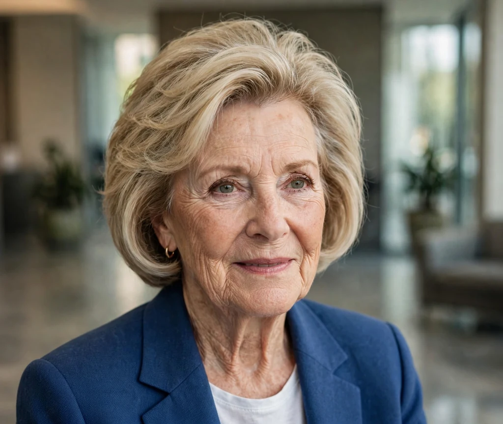 White woman in her early seventies with a blonde graduated bob with lifted back in an office lobby