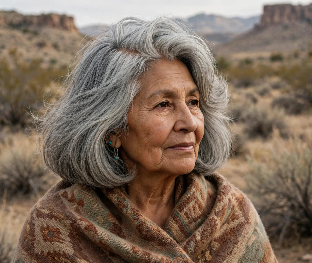 Native American woman in her late sixties with a volumized bob with a deep side part in a desert landscape