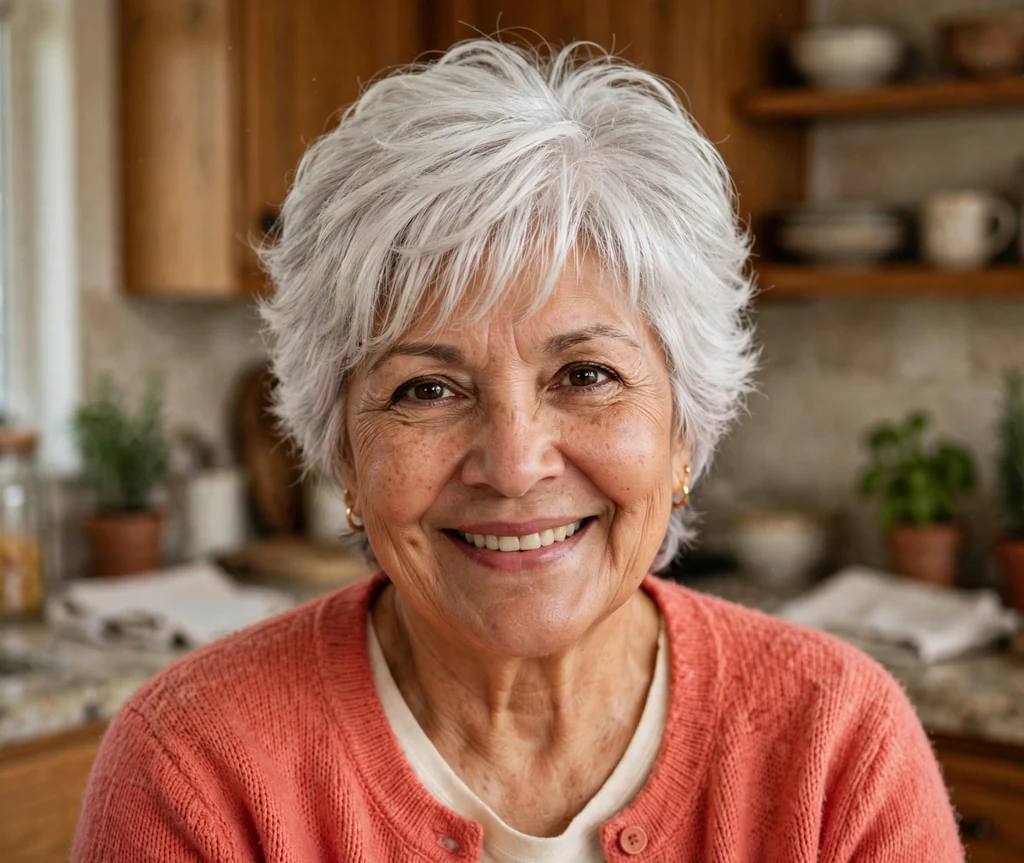Latina woman in her early sixties with a white short layered cut with feathered fringe in a kitchen