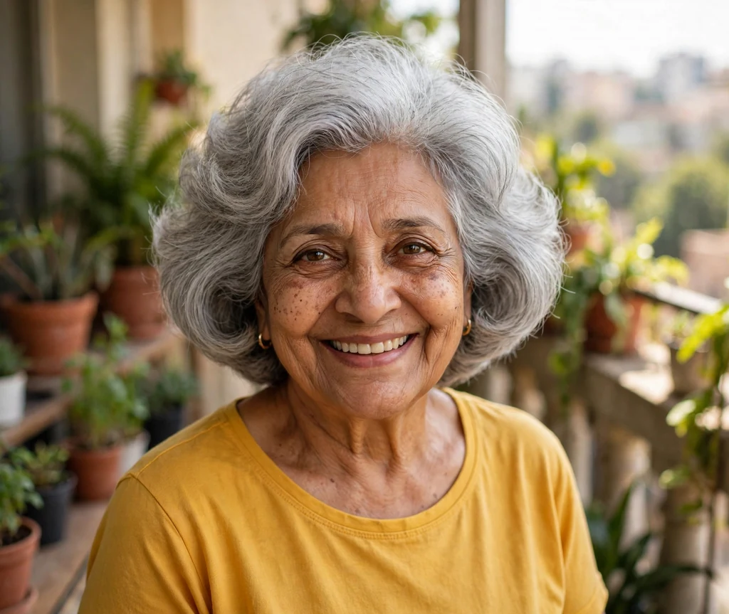 South Asian woman in her mid-sixties with a grey bouncy blowout bob on a sunny balcony