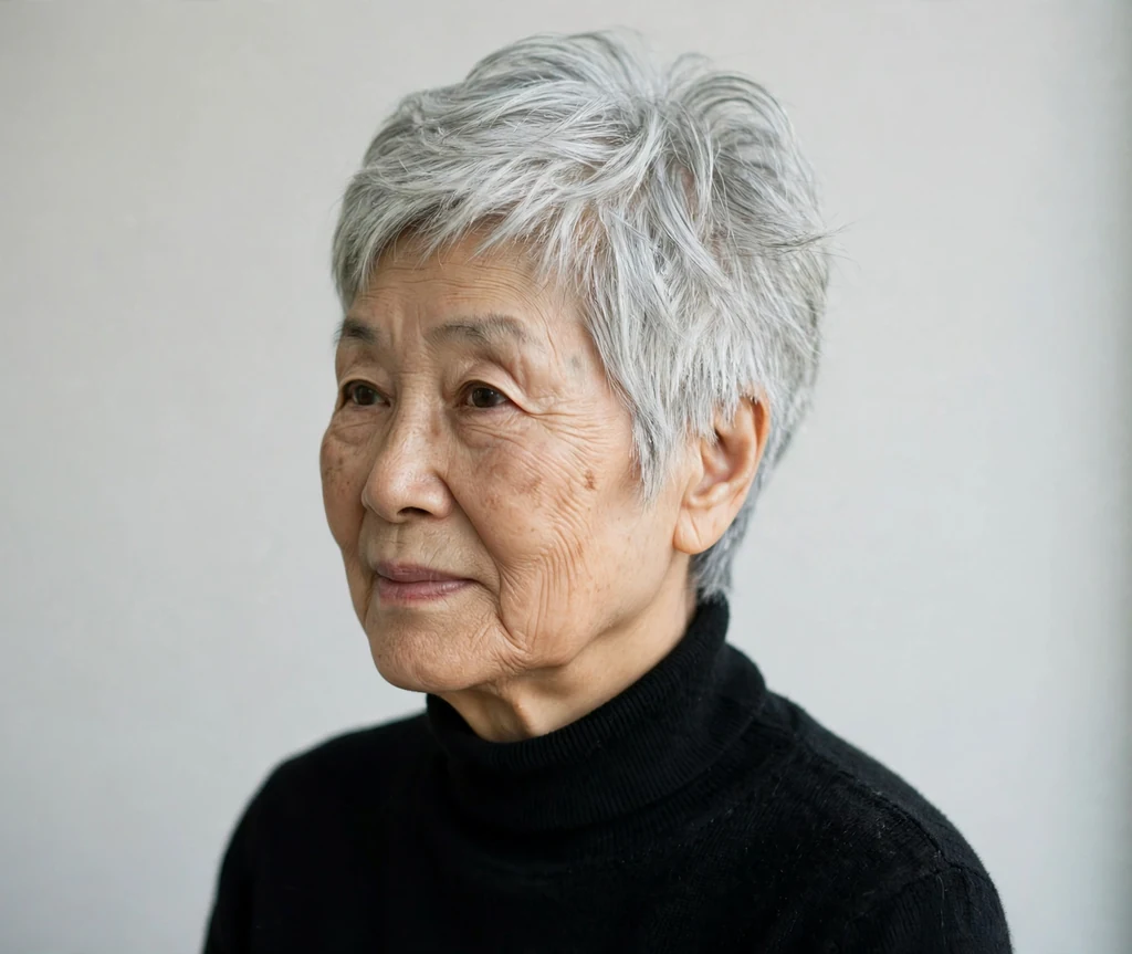 East Asian woman in her early seventies with a silver messy textured crop in a minimalist studio