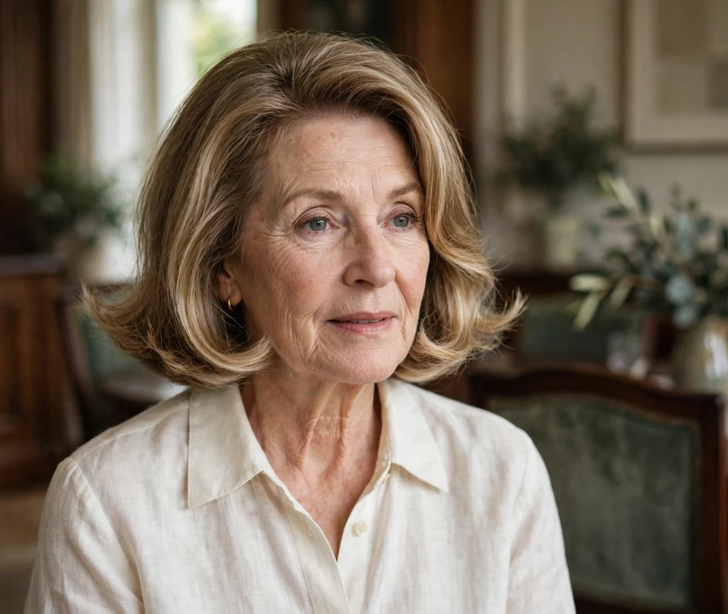 White woman in her mid-sixties with a swing bob with flipped ends in an elegant dining room