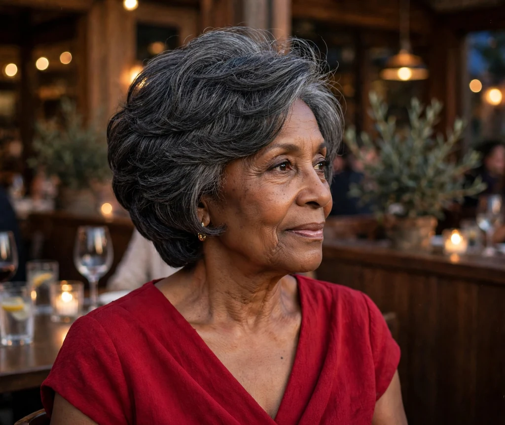 Black woman in her late sixties with an A-line bob with stacked nape in an evening restaurant
