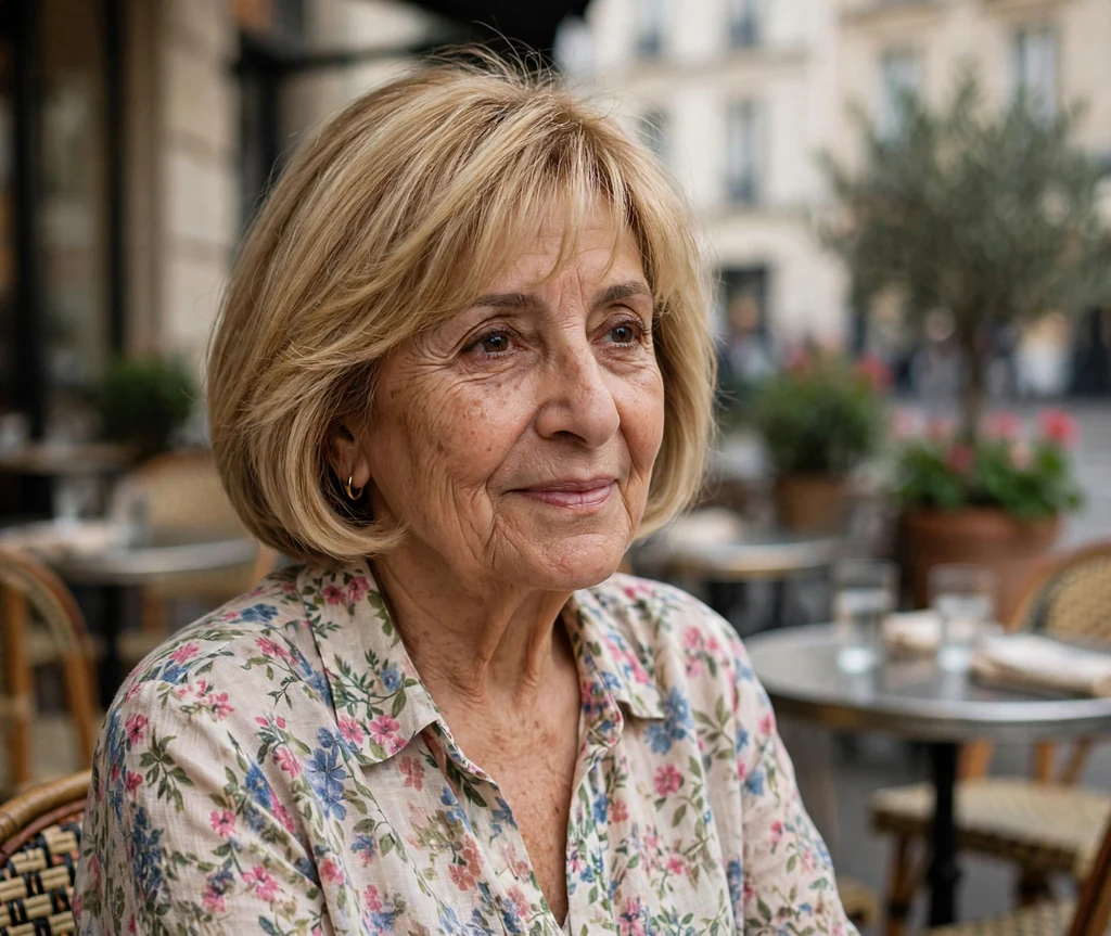 Middle Eastern woman in her early seventies with a honey blonde French bob with airy bangs in a Parisian cafe