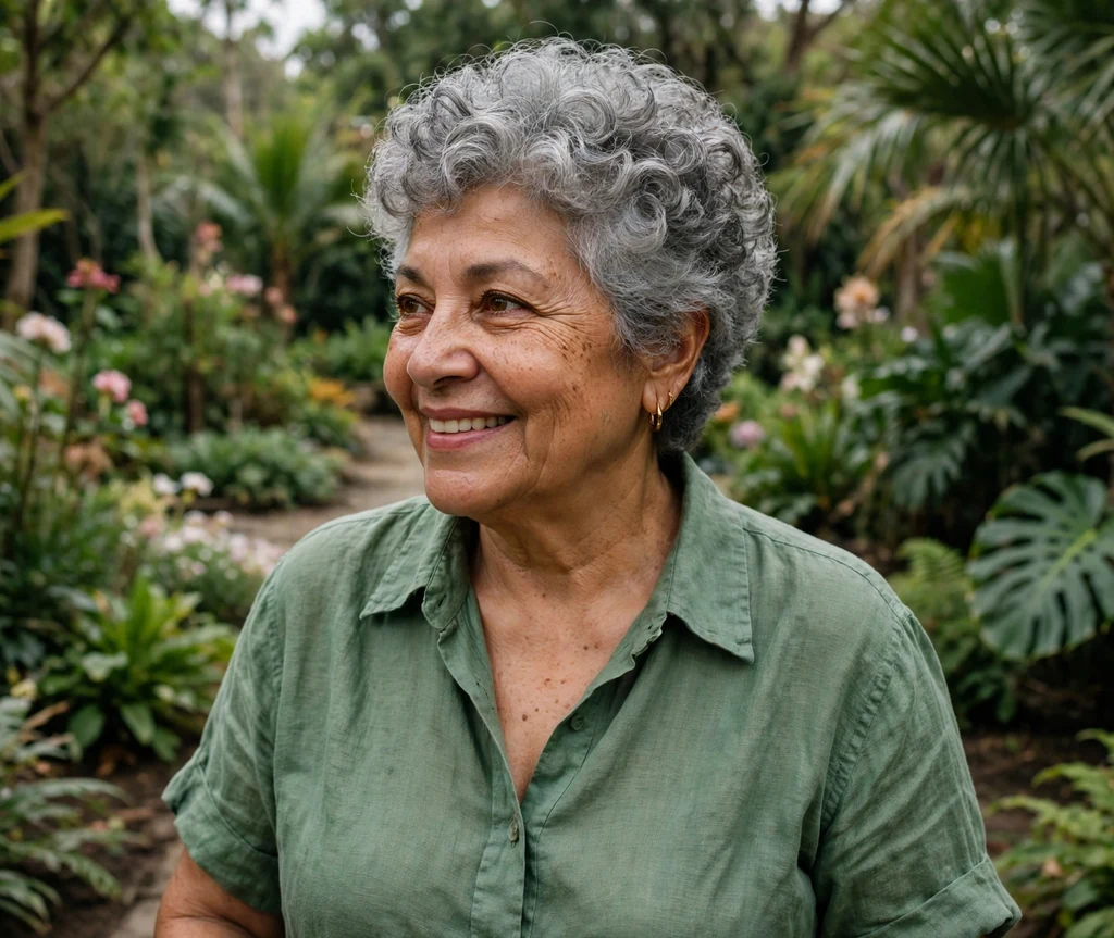 Latina woman in her mid-sixties with a grey permed pixie with soft curls in a botanical garden