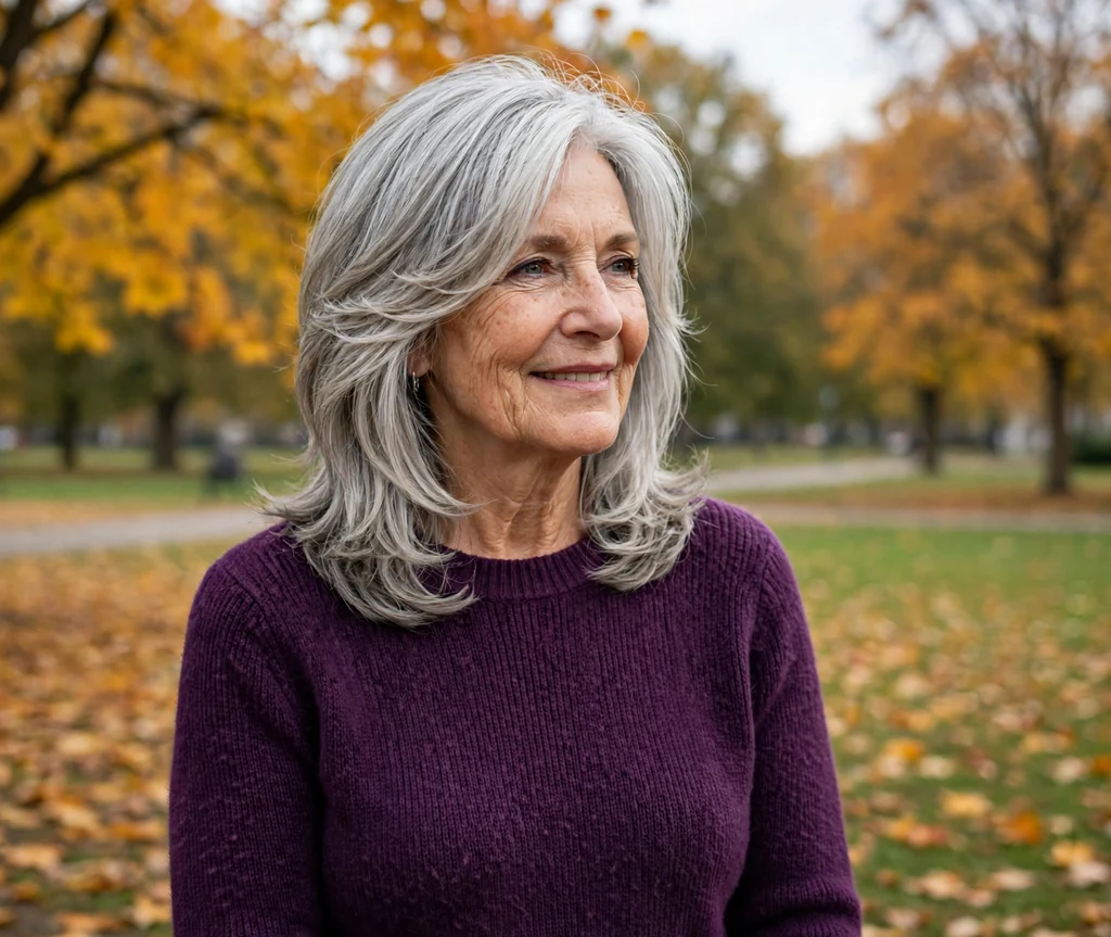White woman in her late sixties with a silver layered midi with face-framing pieces in an autumn park