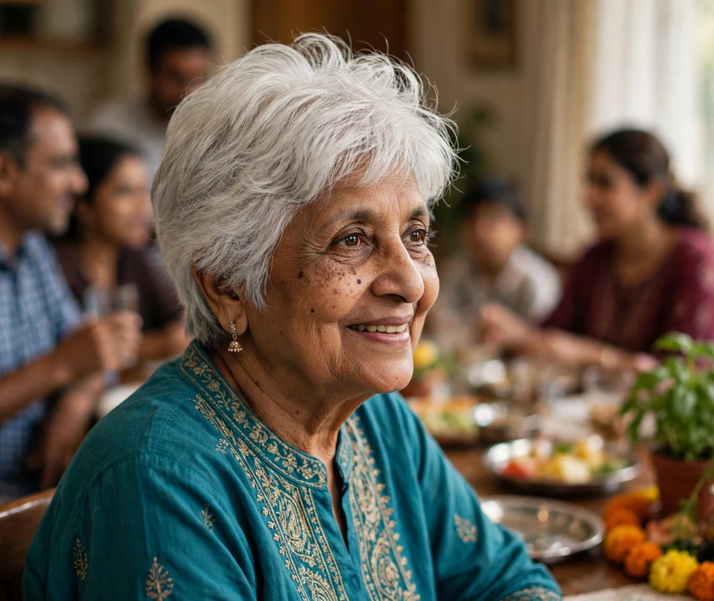 South Asian woman in her early seventies with a white crown-lifted short shag at a family gathering
