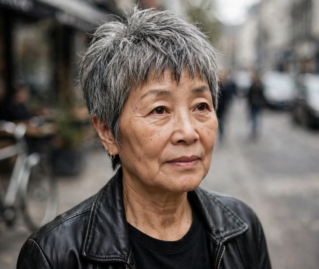 East Asian woman in her mid-sixties with a salt-and-pepper choppy pixie with textured fringe on an urban street