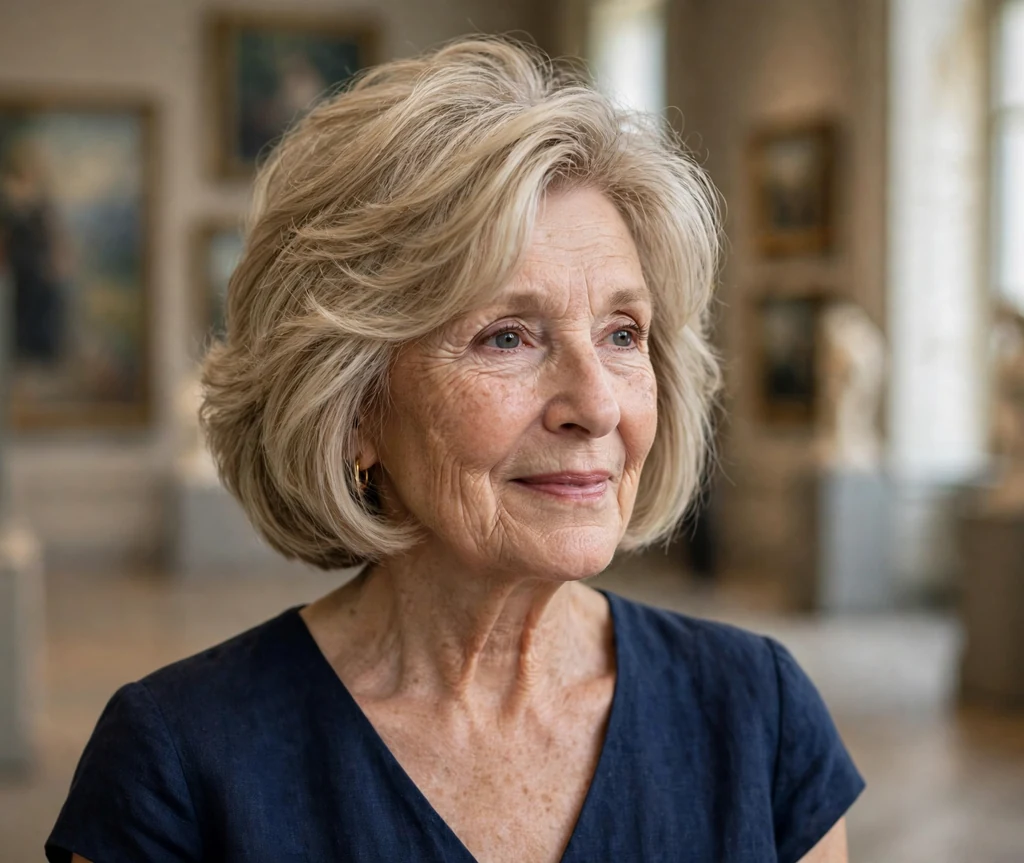 White woman in her early sixties with an ash blonde blunt lob with hidden layers in an art museum