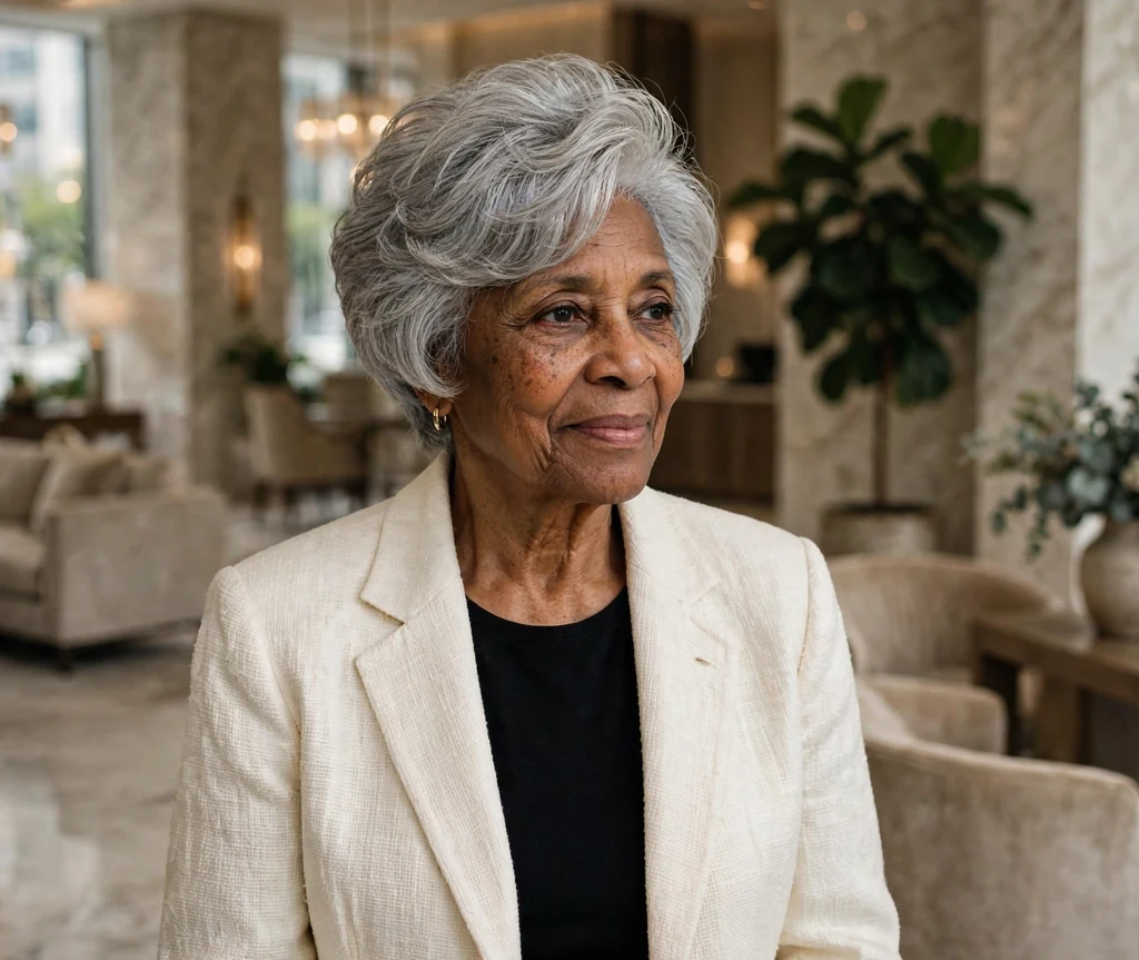 Black woman in her early sixties with a silver-grey volumizing wedge cut in an upscale lobby
