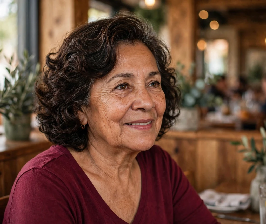 Latina woman in her late sixties with a dark brown soft curls bob with side sweep in a warm restaurant