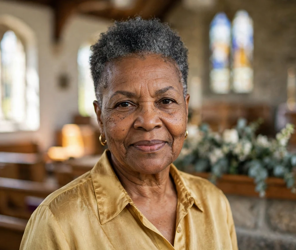 Black woman in her mid-sixties with a tapered natural crop in a bright church hall