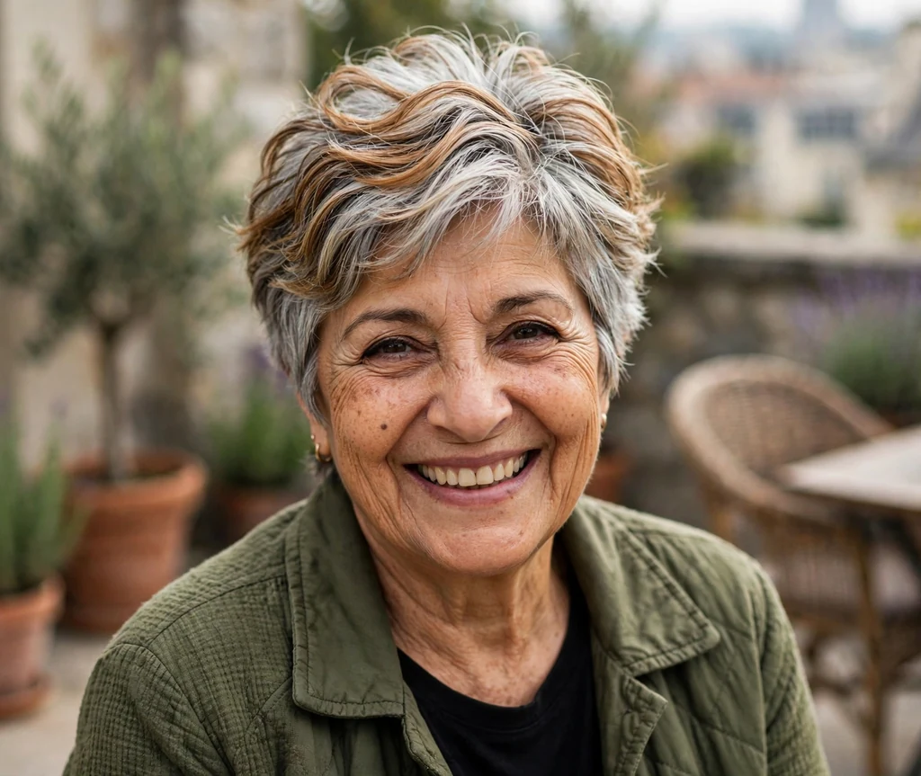 Middle Eastern woman in her mid-sixties with a silver piecey pixie with caramel highlights on an outdoor terrace
