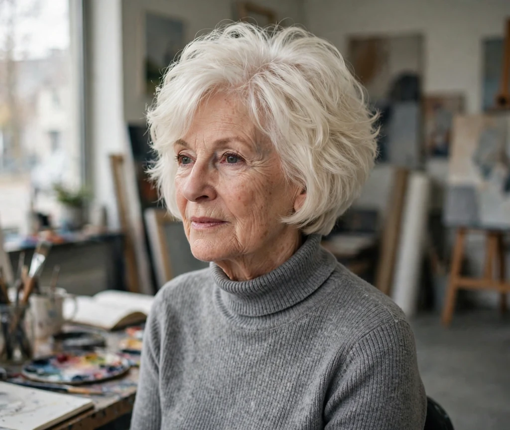 White woman in her early seventies with a platinum blonde modern feathered bowl bob in a contemporary art studio