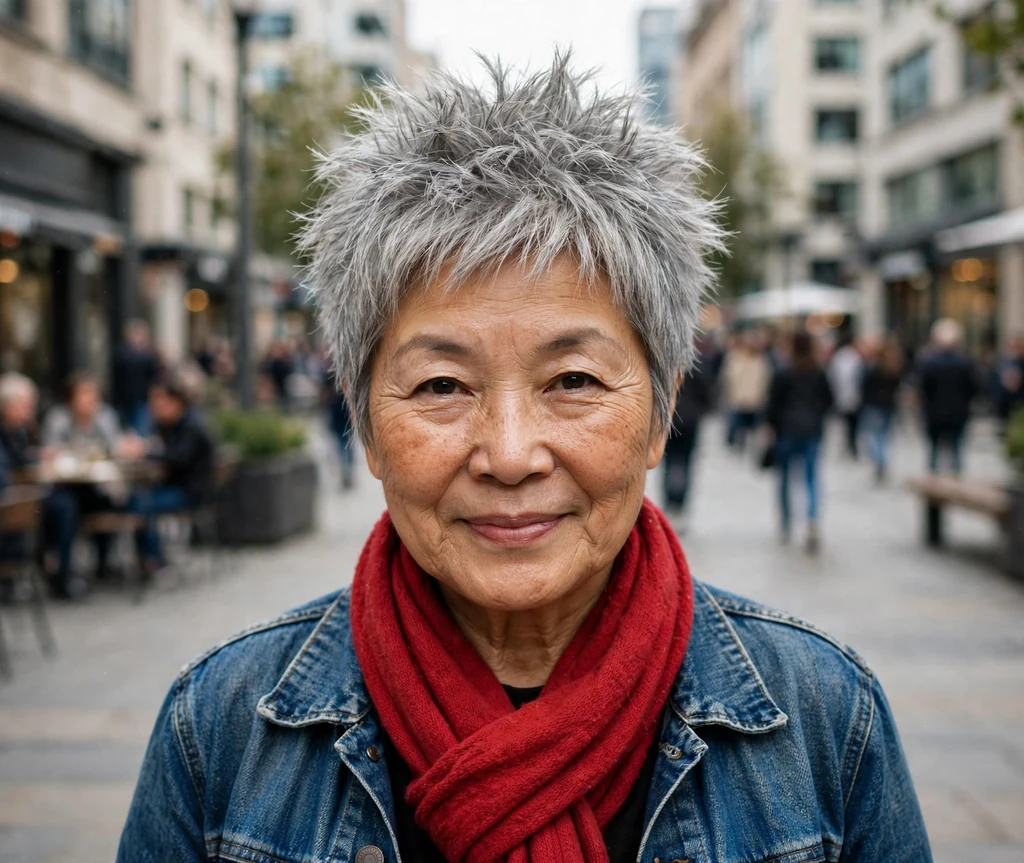 East Asian woman in her late sixties with a grey sassy spiky pixie in a city plaza