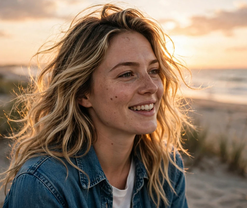 Soft sun-kissed blonde balayage with beachy waves