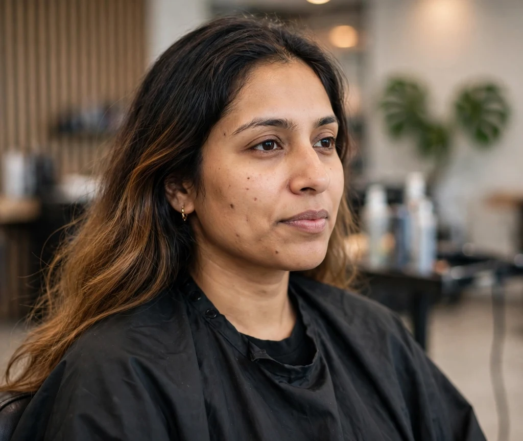Fresh ombre color on dark hair in a salon chair