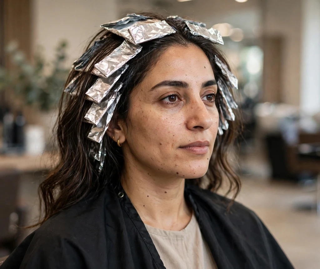 Balayage foils being applied to dark hair at a salon