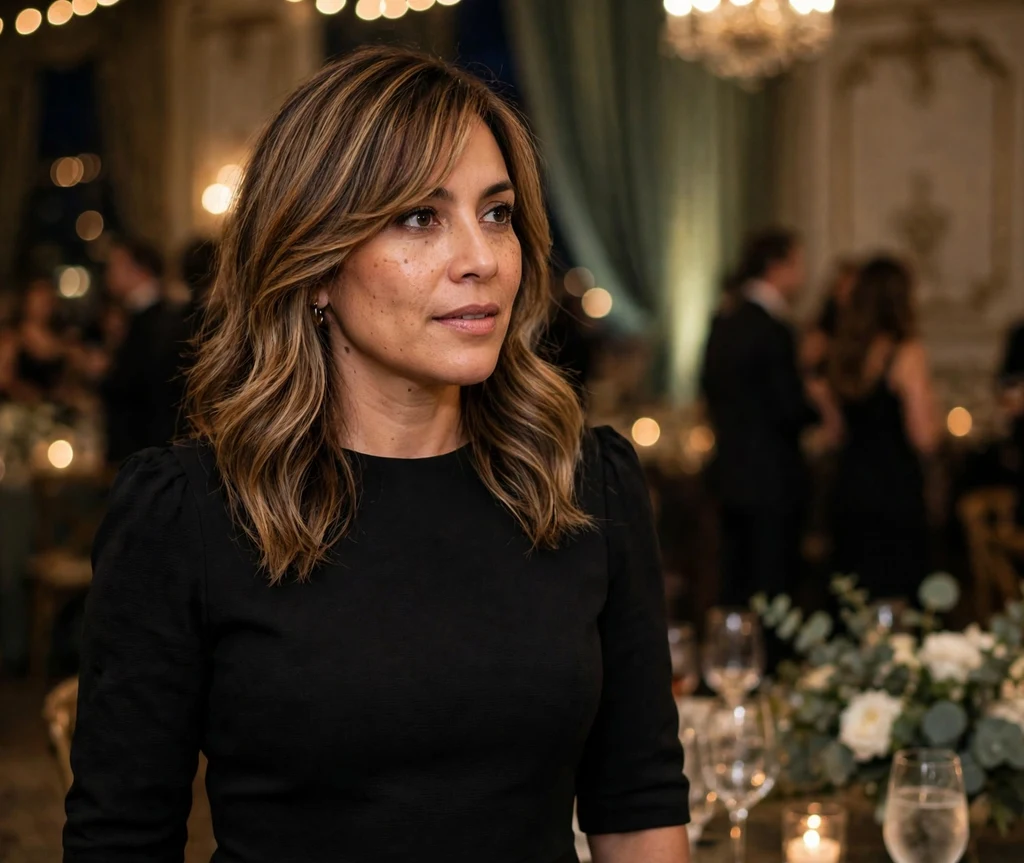 Balayage with side-swept bangs on layered hair