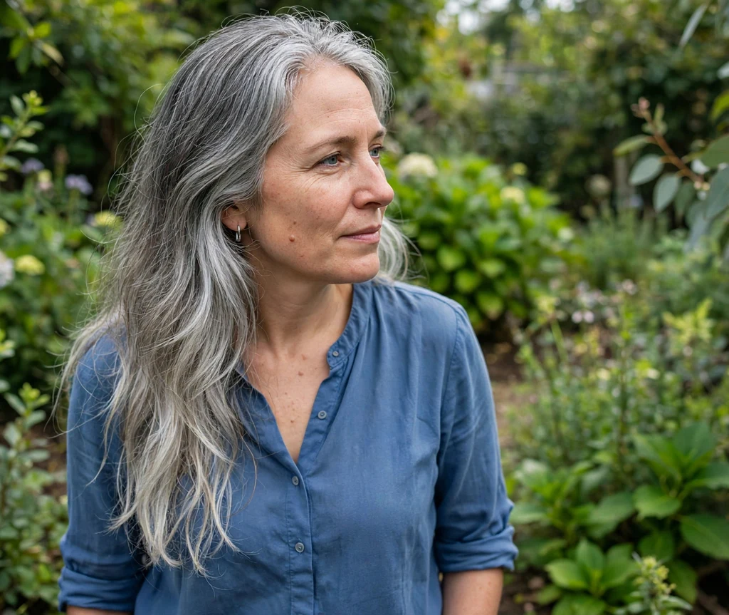 Gray-to-silver ombre blending natural gray roots