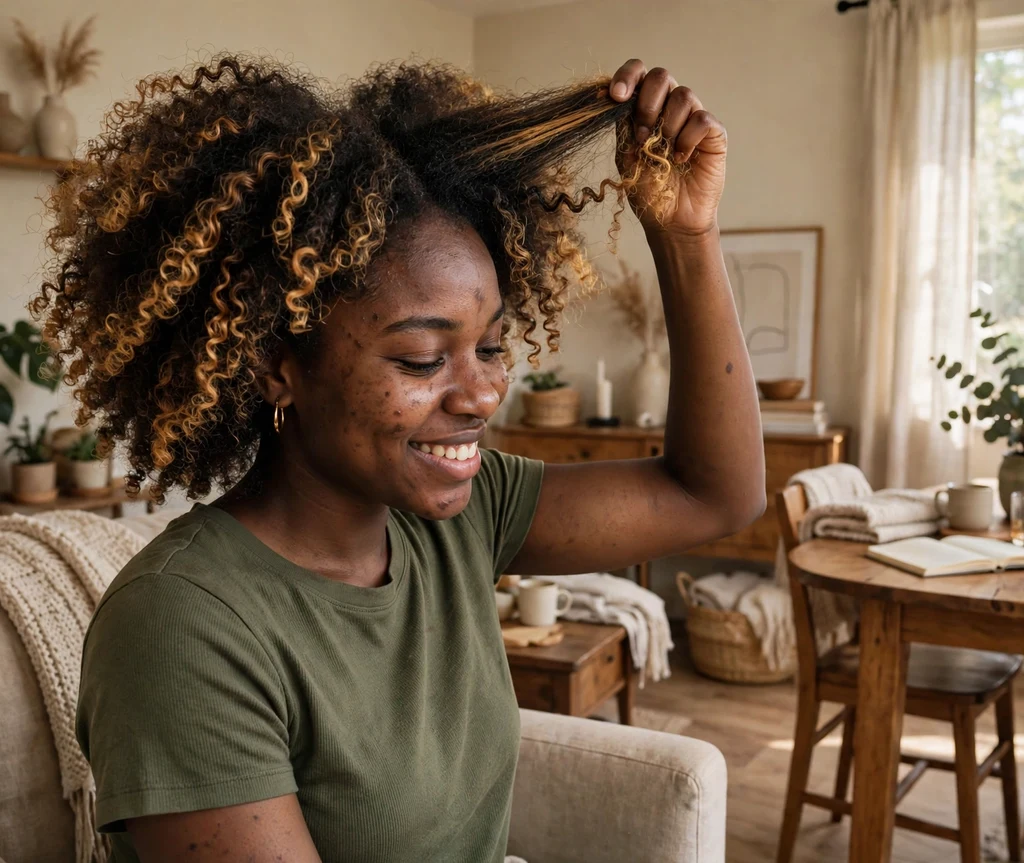 At-home balayage result on natural curly hair