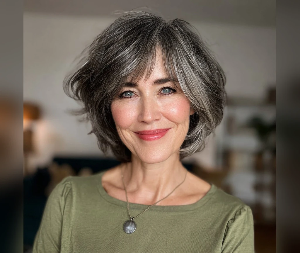 Short wavy bob with silver curls in profile