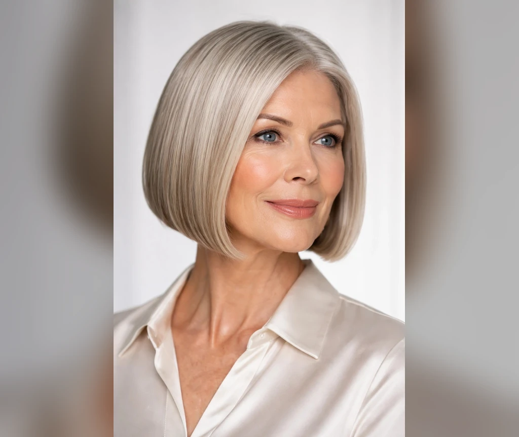 Classic silver bob with a sleek chin-length shape