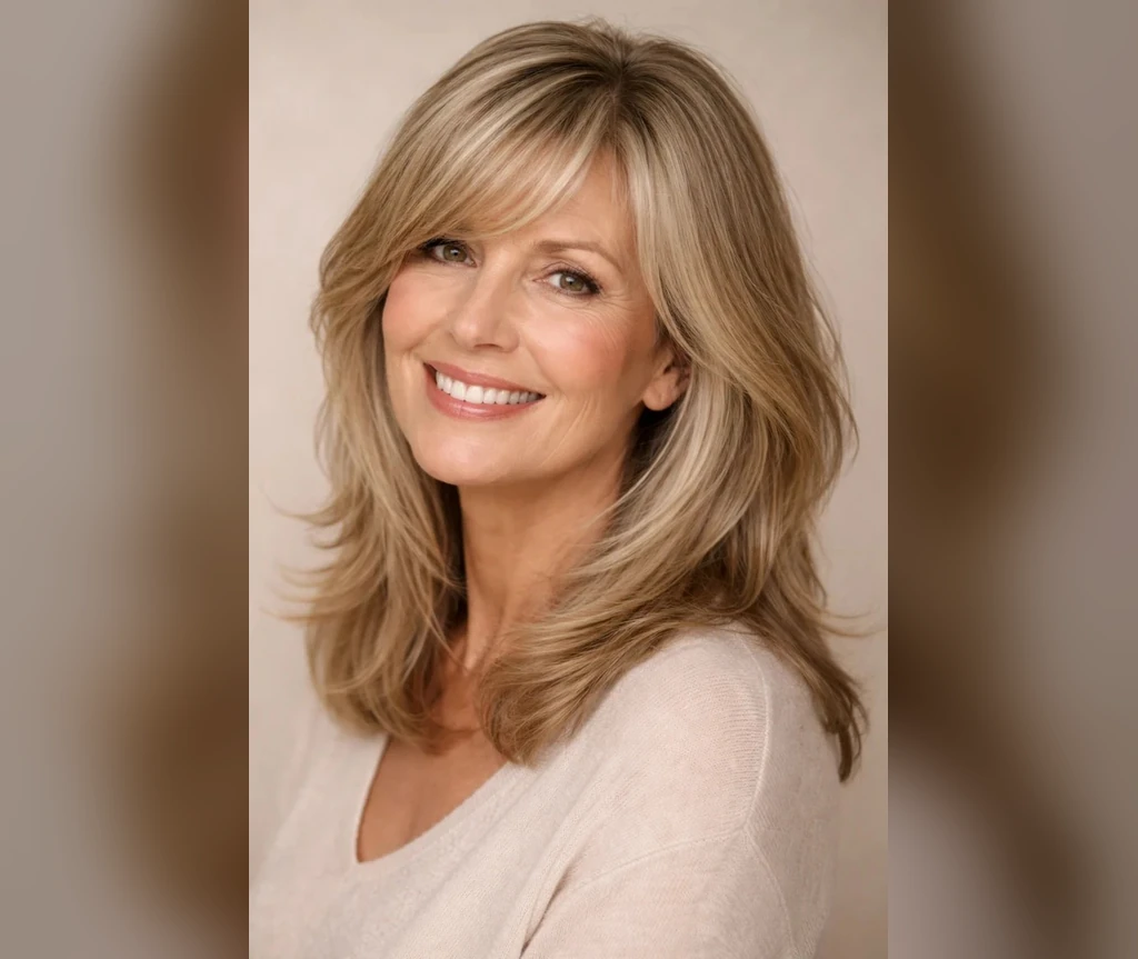 Blonde lob with feathered ends on a mature woman