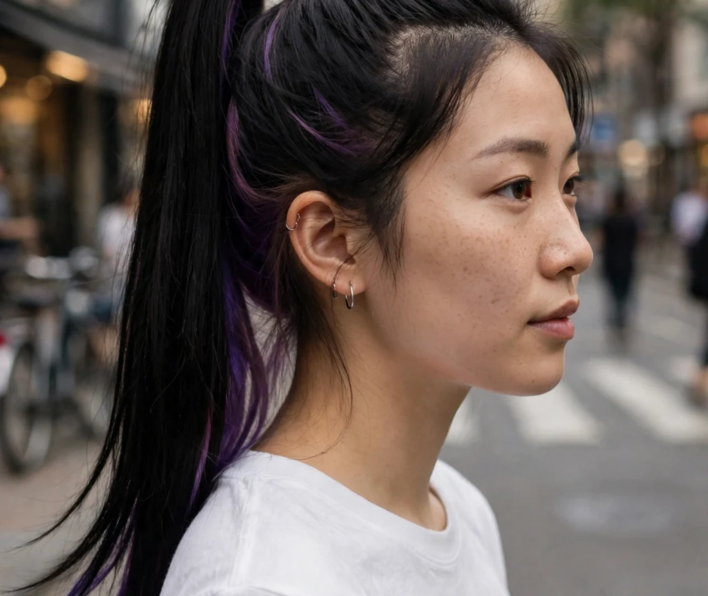 Purple peek-a-boo hair dye streaks in a high ponytail