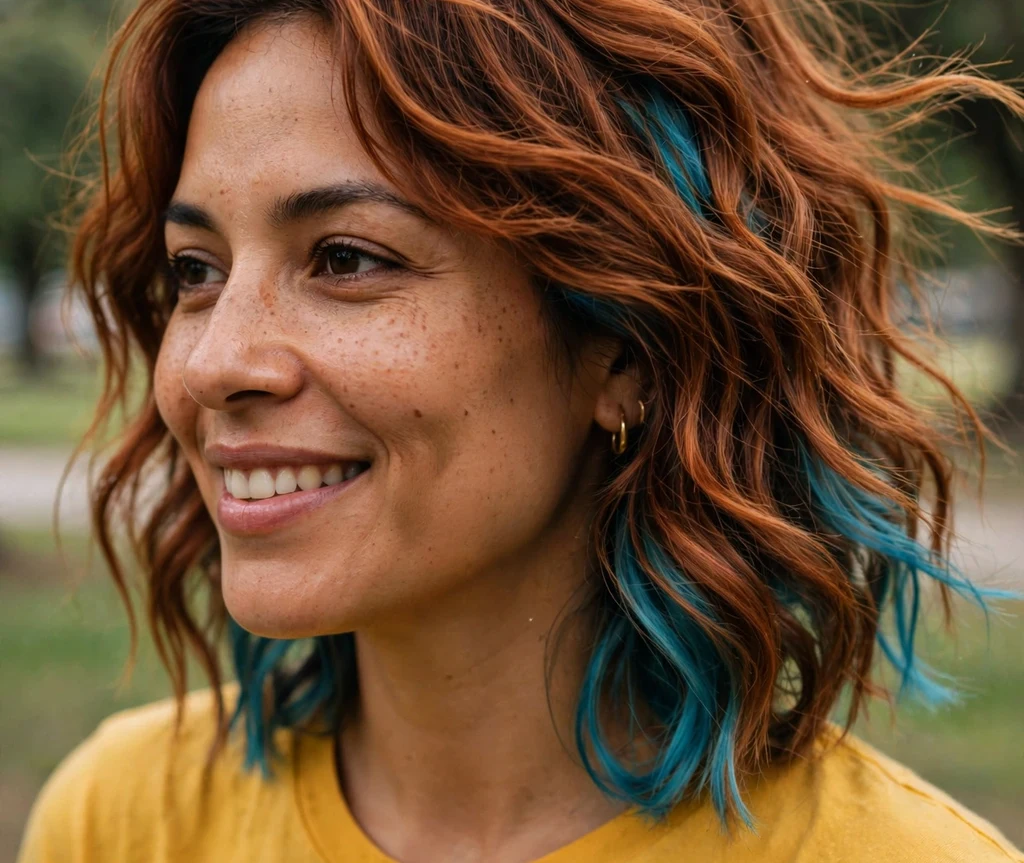 Turquoise peek-a-boo hair dye under a copper wavy lob